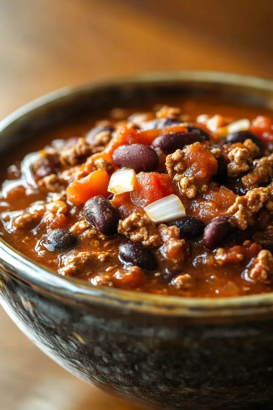 Close-up of chili in a crock pot slow cooker with beans and spices