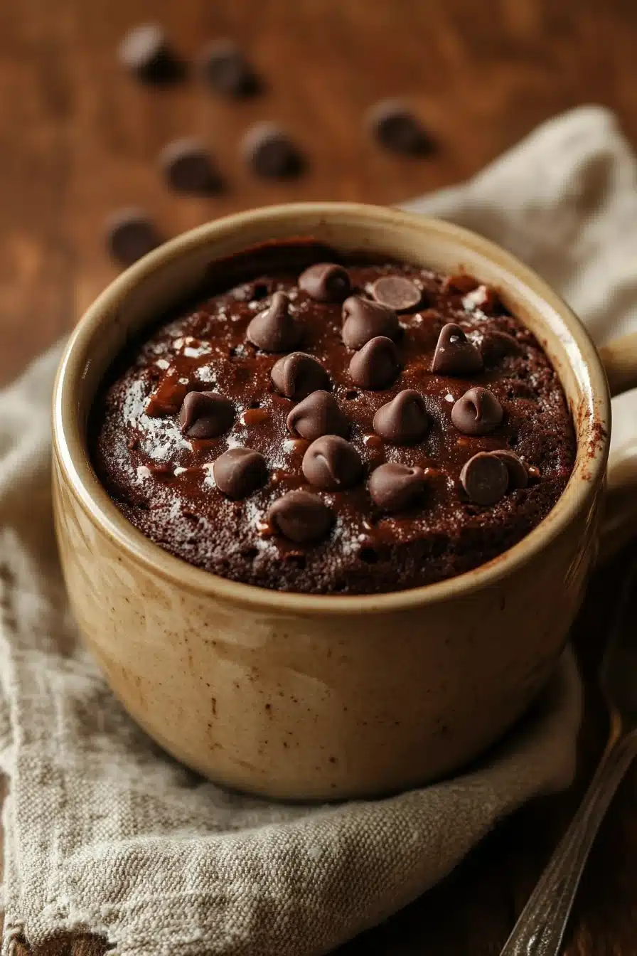 Close-up of a chocolate cake in a mug with a rich, moist texture, perfect for a quick microwave dessert.