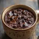 Close-up of a chocolate cake in a mug with a rich, moist texture, perfect for a quick microwave dessert.