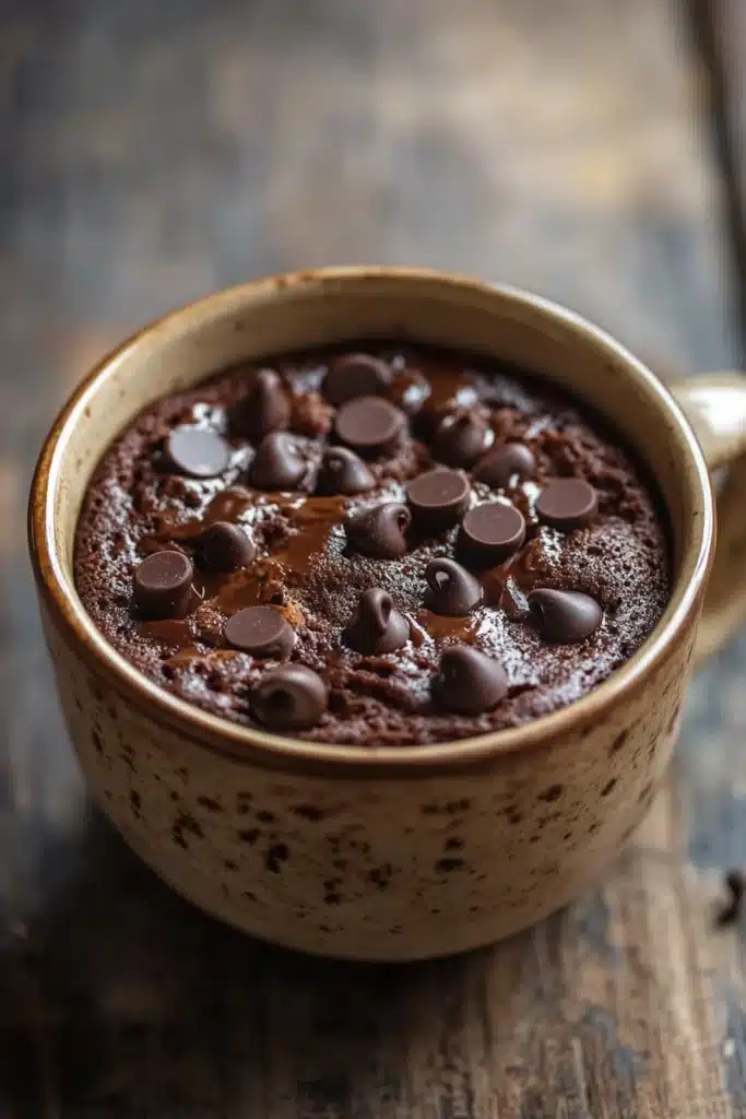Close-up of a chocolate cake in a mug with a rich, moist texture, perfect for a quick microwave dessert.