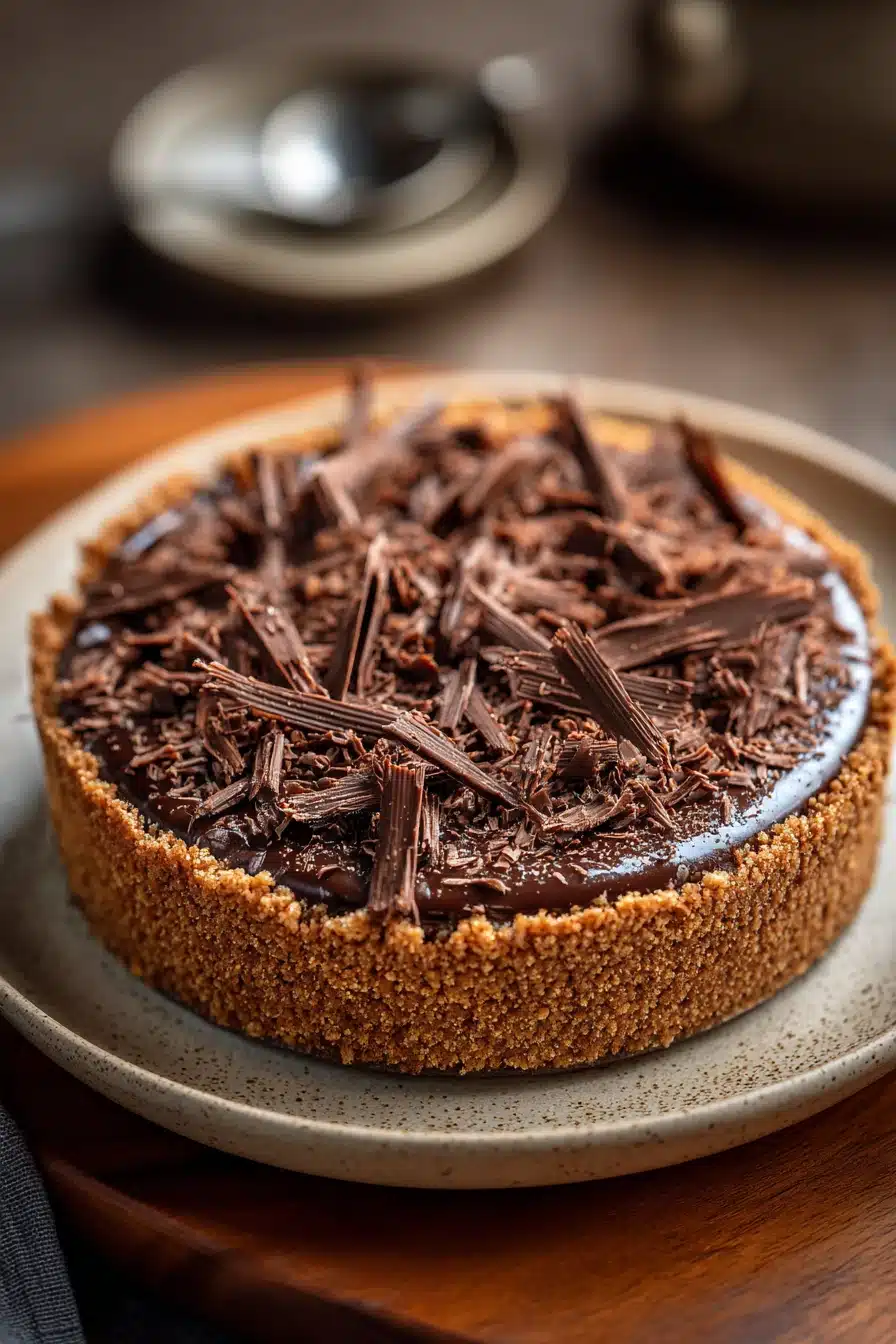 Close-up of a no-bake chocolate cake with glossy texture and clean background