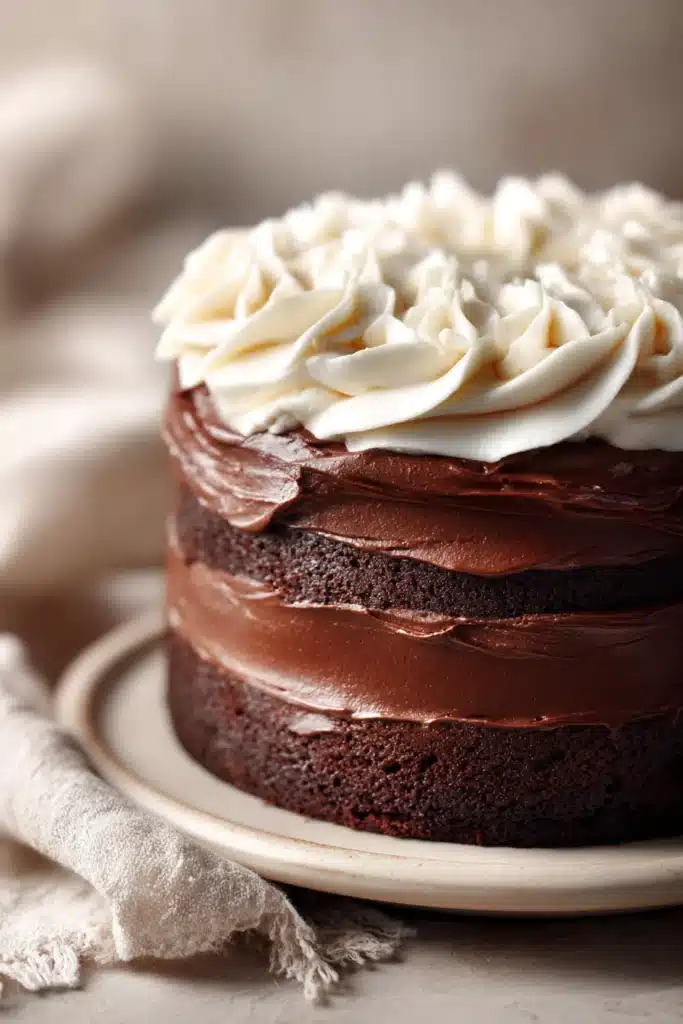 Close-up of a rich chocolate cake with vanilla frosting on a clean background.