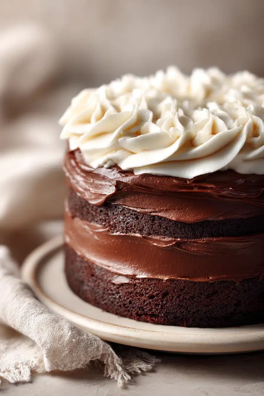 Close-up of a rich chocolate cake with vanilla frosting on a clean background.