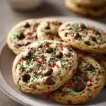 Close-up of freshly baked chocolate chip cookies on a wooden surface, perfect for Christmas.