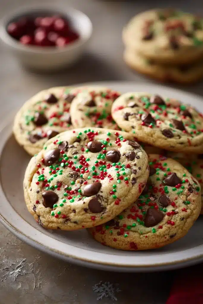 Close-up of freshly baked chocolate chip cookies on a wooden surface, perfect for Christmas.