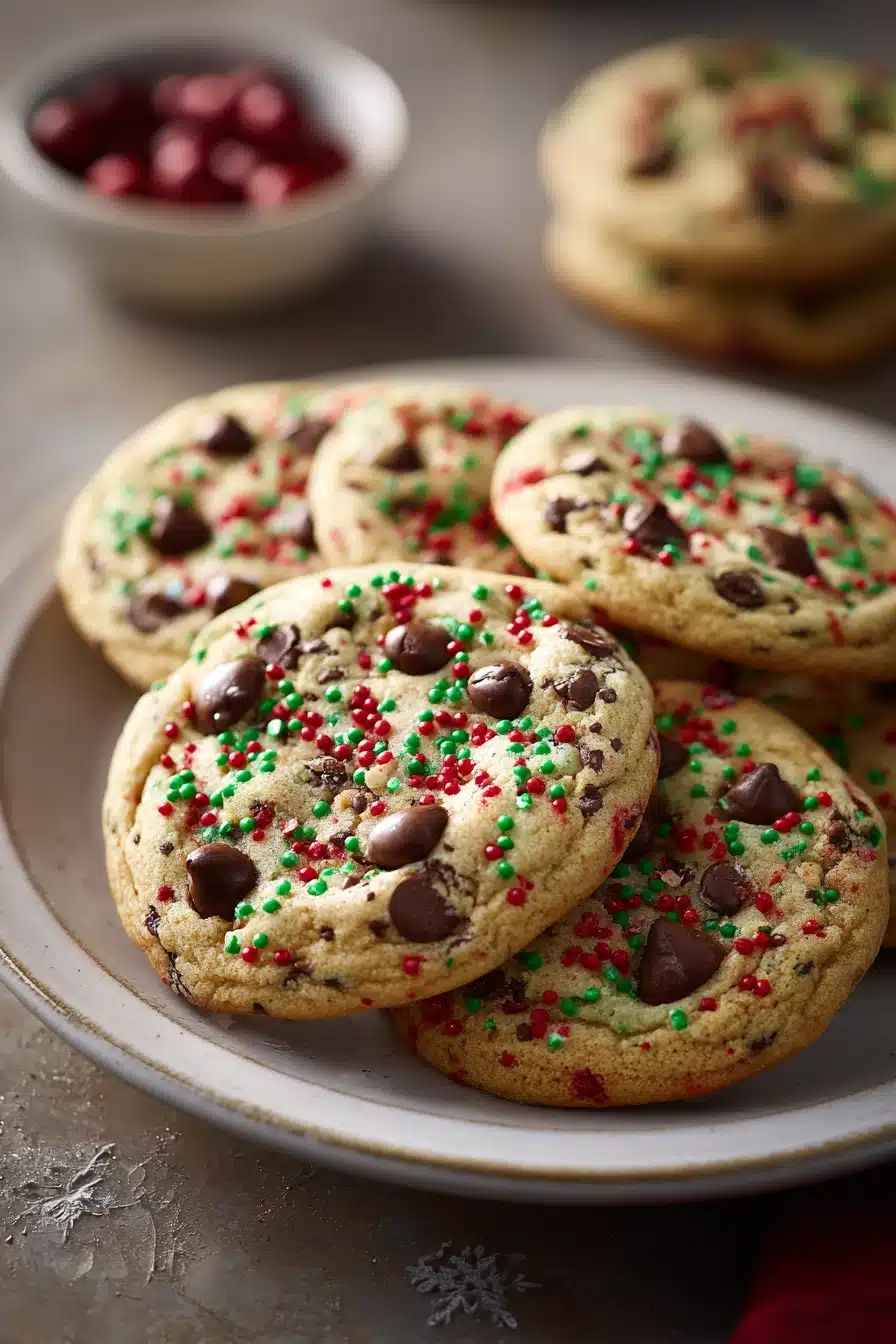 Close-up of freshly baked chocolate chip cookies on a wooden surface, perfect for Christmas.