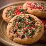 Close-up of freshly baked chocolate chip cookies on a wooden surface, perfect for Christmas.