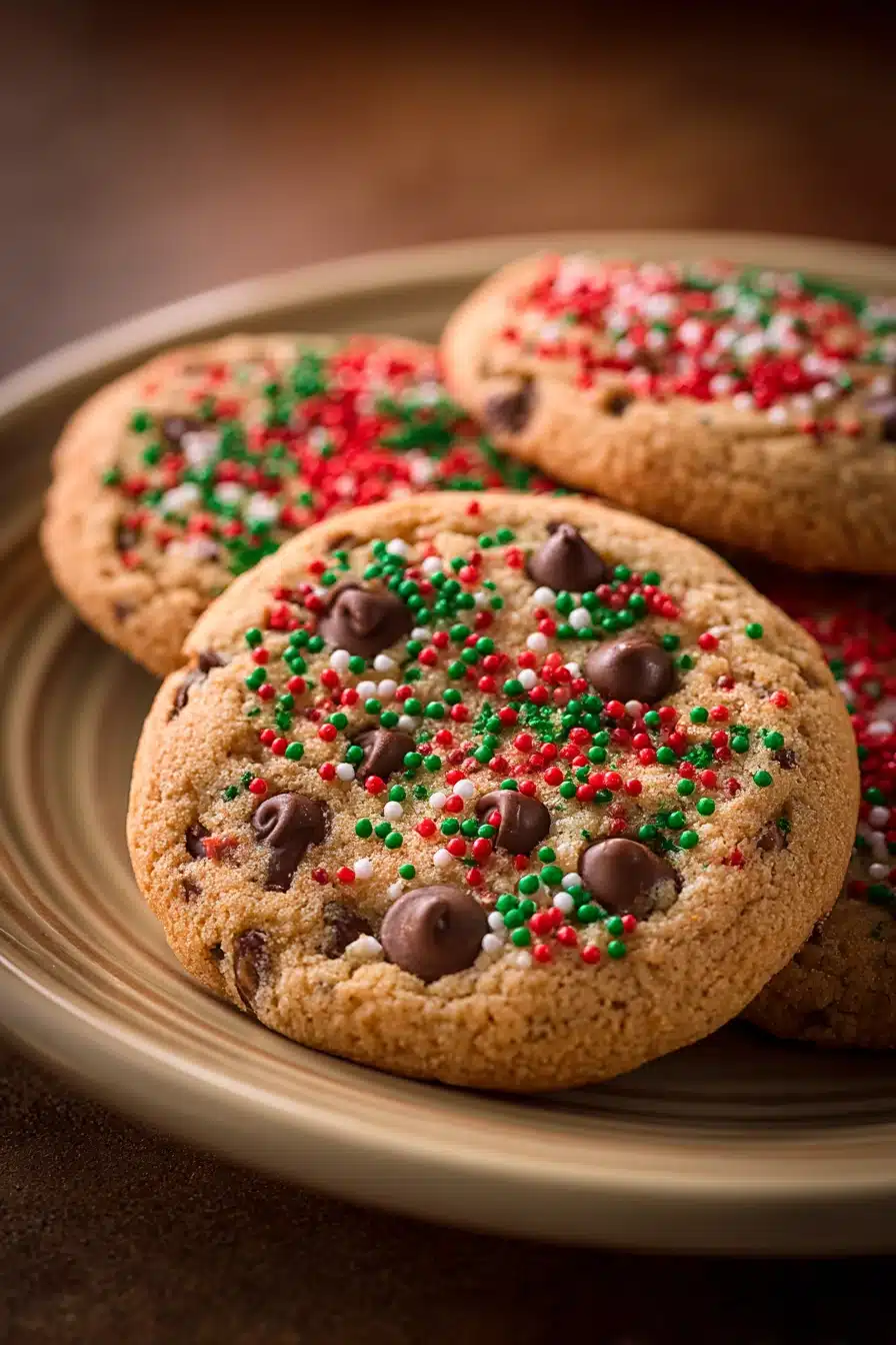 Close-up of freshly baked chocolate chip cookies on a wooden surface, perfect for Christmas.