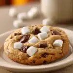 Close-up of a chocolate chip cookie with marshmallow, showing gooey texture and golden brown edges.