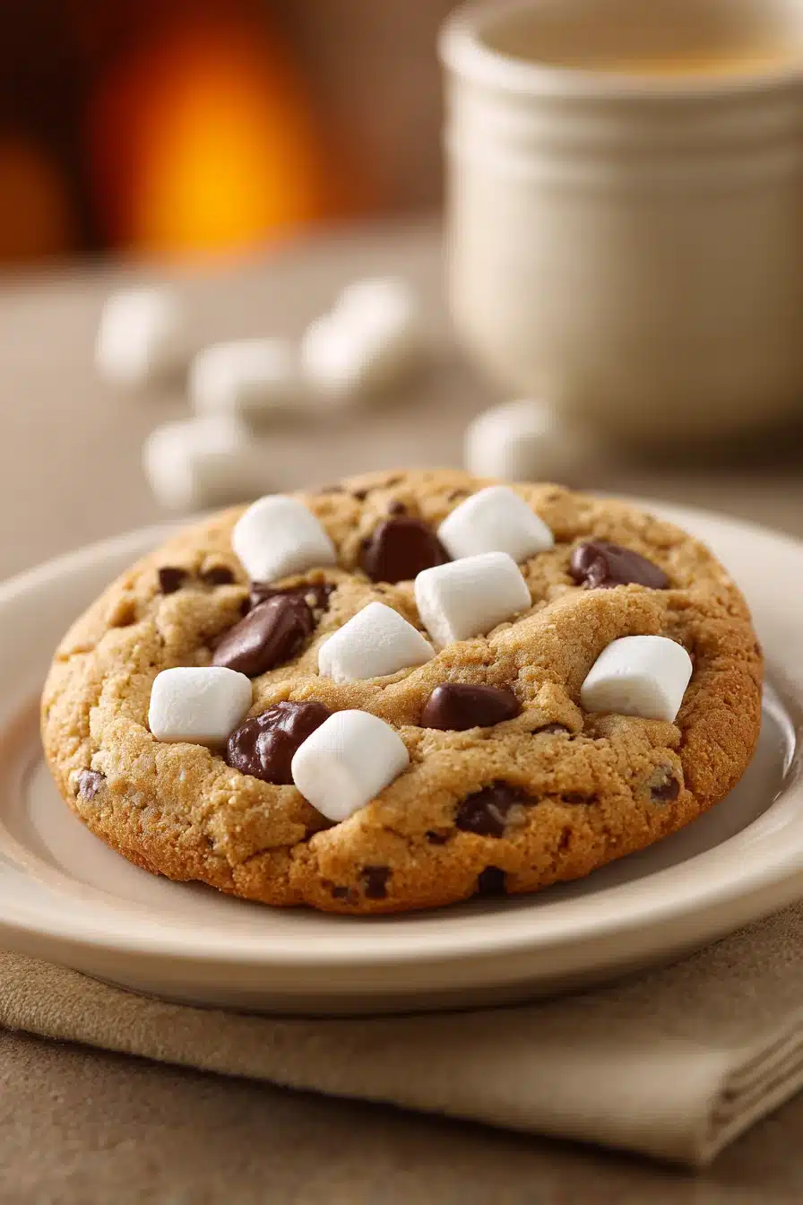 Close-up of a chocolate chip cookie with marshmallow, showing gooey texture and golden brown edges.