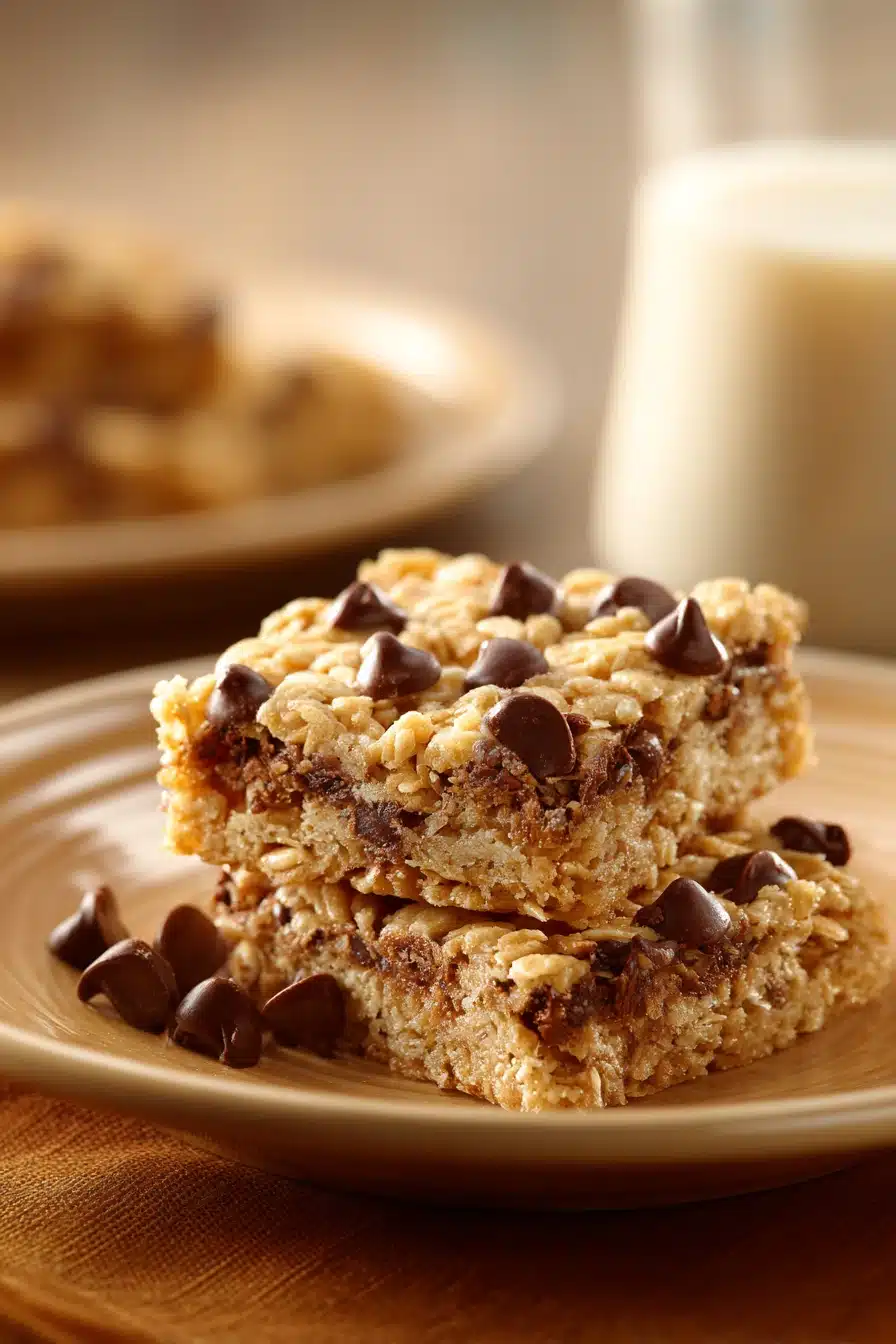 Close-up of chocolate chip oatmeal cookie bars with visible chocolate chips and a golden-brown texture.