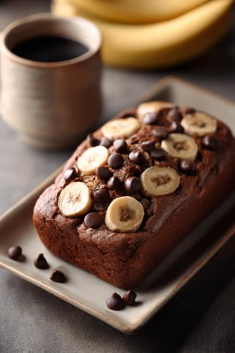 Close-up of chocolate espresso banana bread with a rich, moist texture.