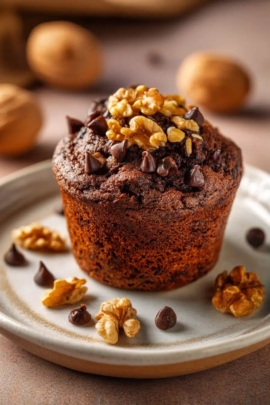 Close-up of delicious chocolate muffin mix with rich textures and warm lighting.