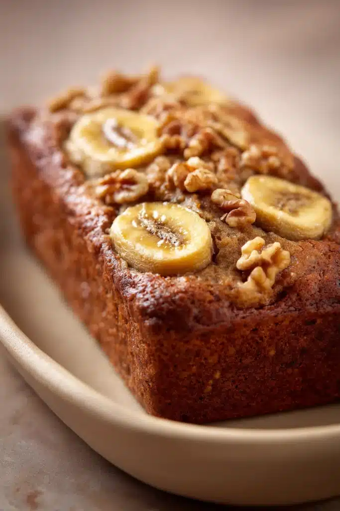 Close-up of a delicious coffee cake banana bread with a golden crust and moist texture.