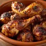 Close-up of Colombian marinated chicken drumsticks with a golden glaze on a clean white plate.