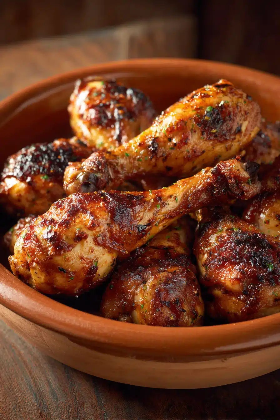 Close-up of Colombian marinated chicken drumsticks with a golden glaze on a clean white plate.