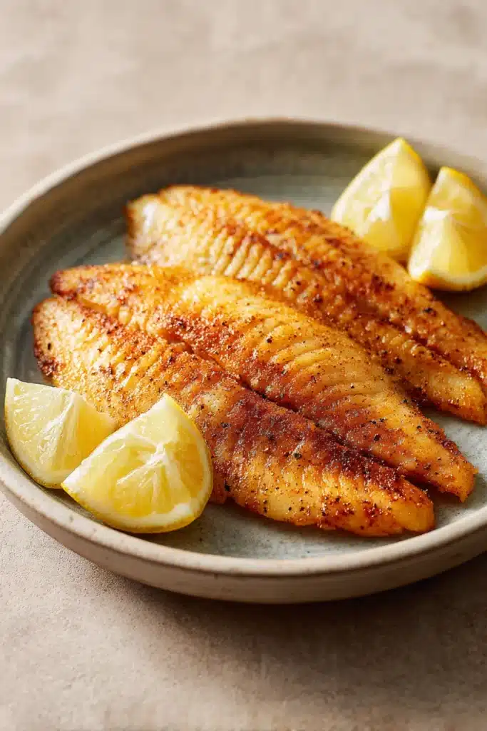 Close-up of tilapia cooked in an air fryer with a golden crispy texture