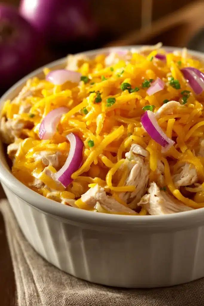 Close-up of a corn chicken casserole with golden crust and creamy texture.