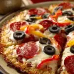Close-up of a Cottage Cheese Crust Pizza with fresh toppings and a golden crust.