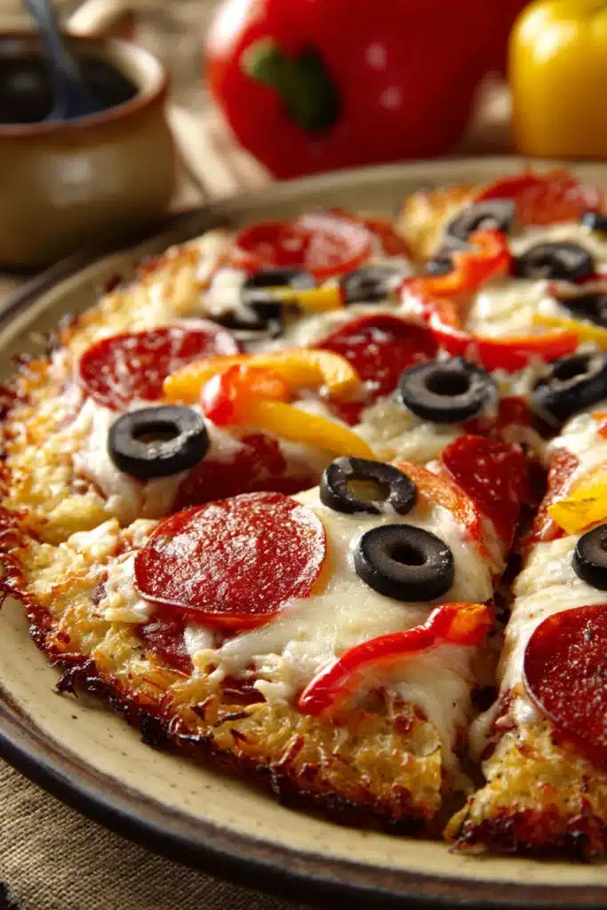 Close-up of a Cottage Cheese Crust Pizza with fresh toppings and a golden crust.