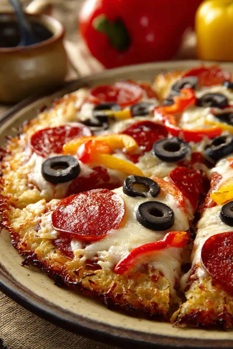 Close-up of a Cottage Cheese Crust Pizza with fresh toppings and a golden crust.