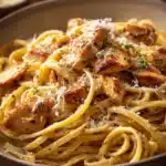 Close-up of Cowboy Butter Chicken Linguine with creamy sauce and herbs