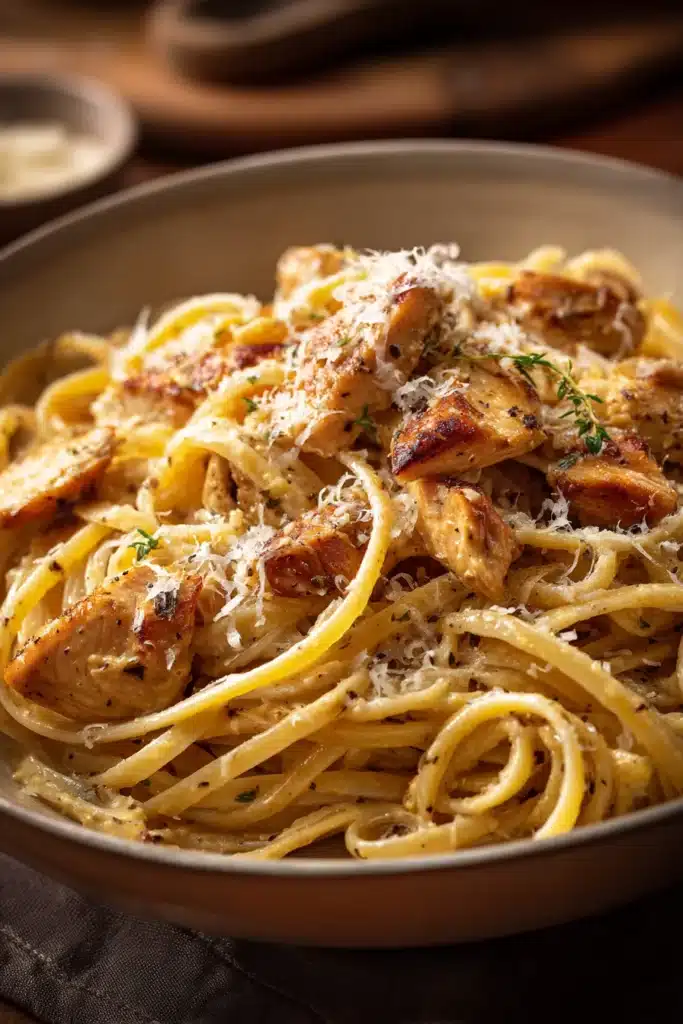 Close-up of Cowboy Butter Chicken Linguine with creamy sauce and herbs