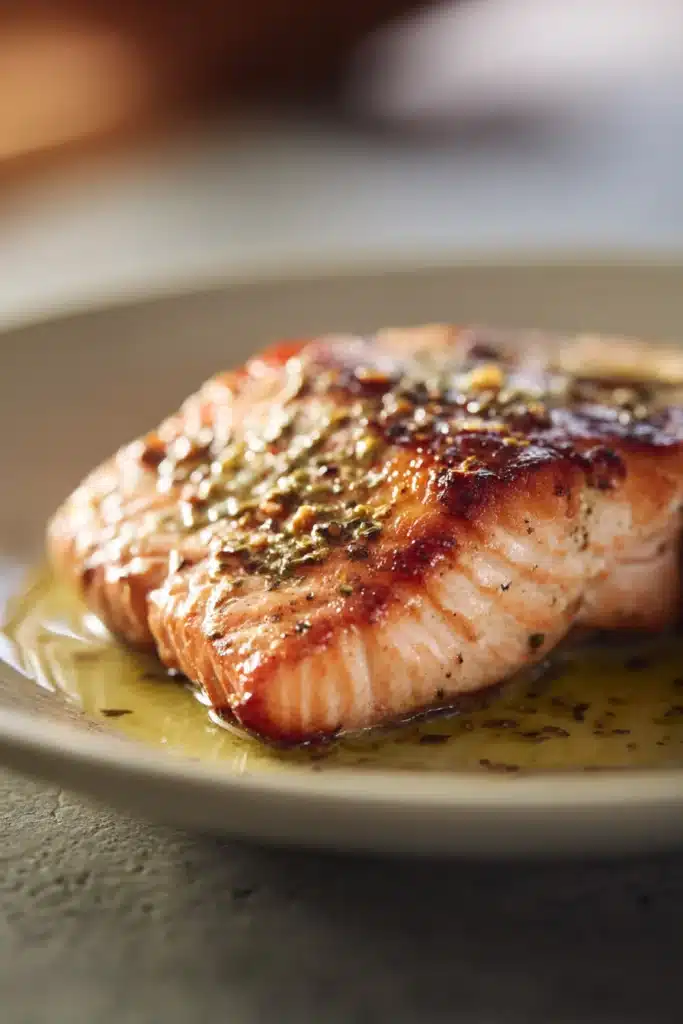 Close-up of Cowboy Butter Salmon with a golden crust and herbs on a white plate.