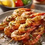 Close-up of Cowboy Butter Shrimp Skewers with creamy sauce on a clean background.