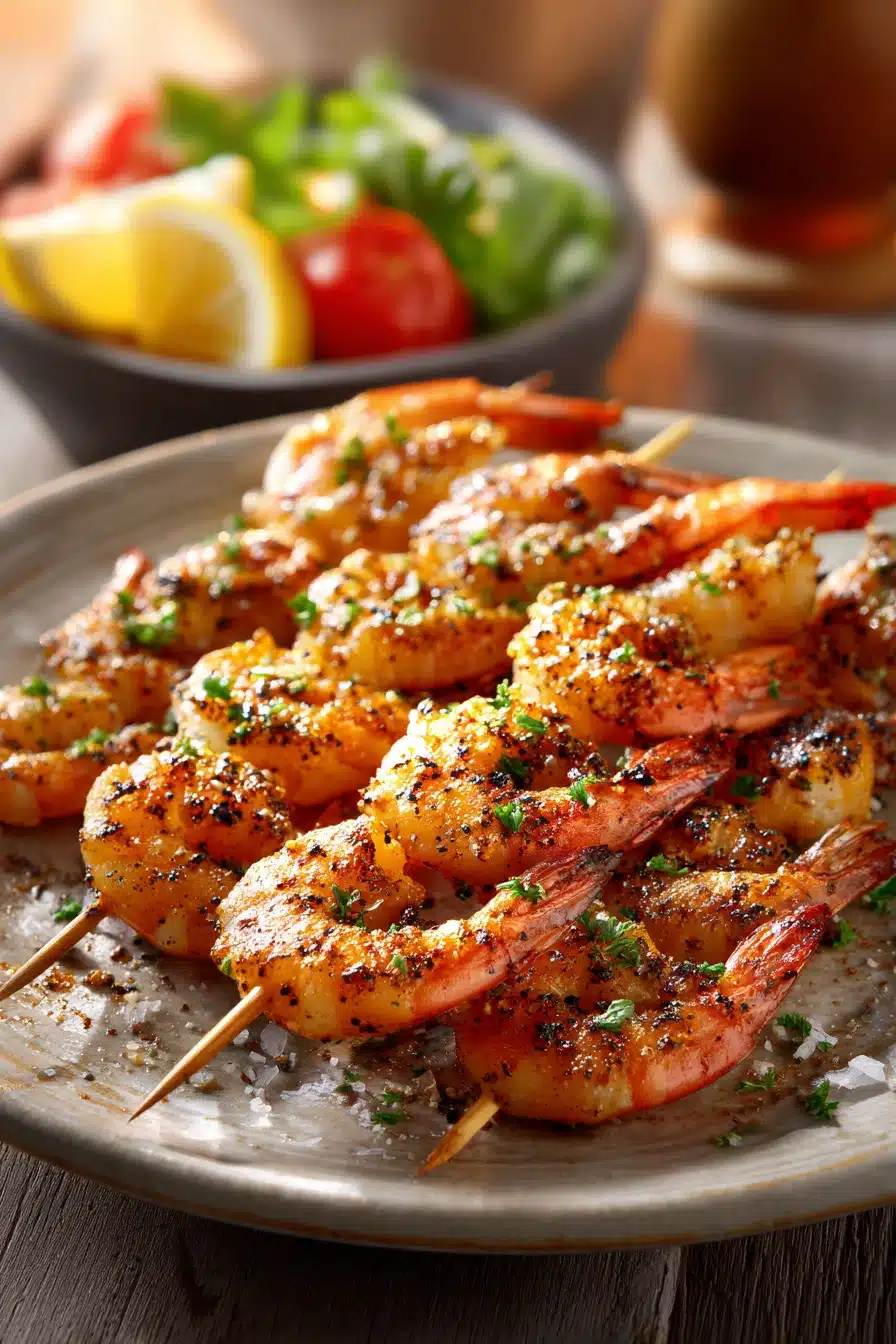 Close-up of Cowboy Butter Shrimp Skewers with creamy sauce on a clean background.