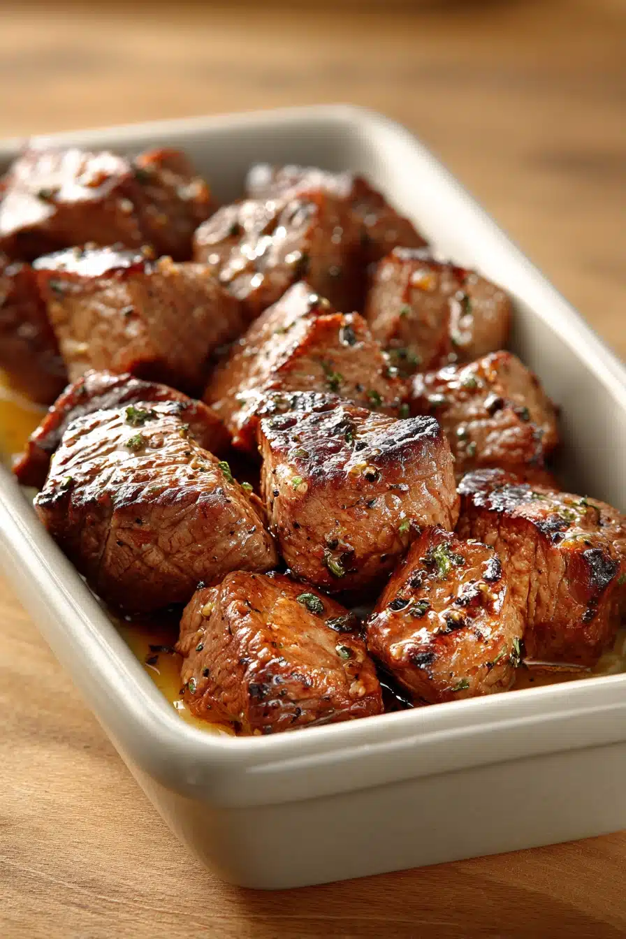 Close-up of Cowboy Butter Steak Bites with creamy sauce and herbs