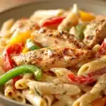 Close-up of creamy Cajun chicken pasta with a rich sauce and tender chicken pieces.