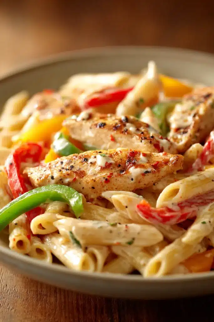 Close-up of creamy Cajun chicken pasta with a rich sauce and tender chicken pieces.