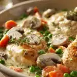 Close-up of a creamy chicken casserole with golden-brown topping and herbs.