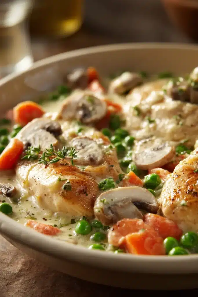 Close-up of a creamy chicken casserole with golden-brown topping and herbs.