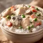 Close-up of a creamy chicken casserole with golden crust and herbs