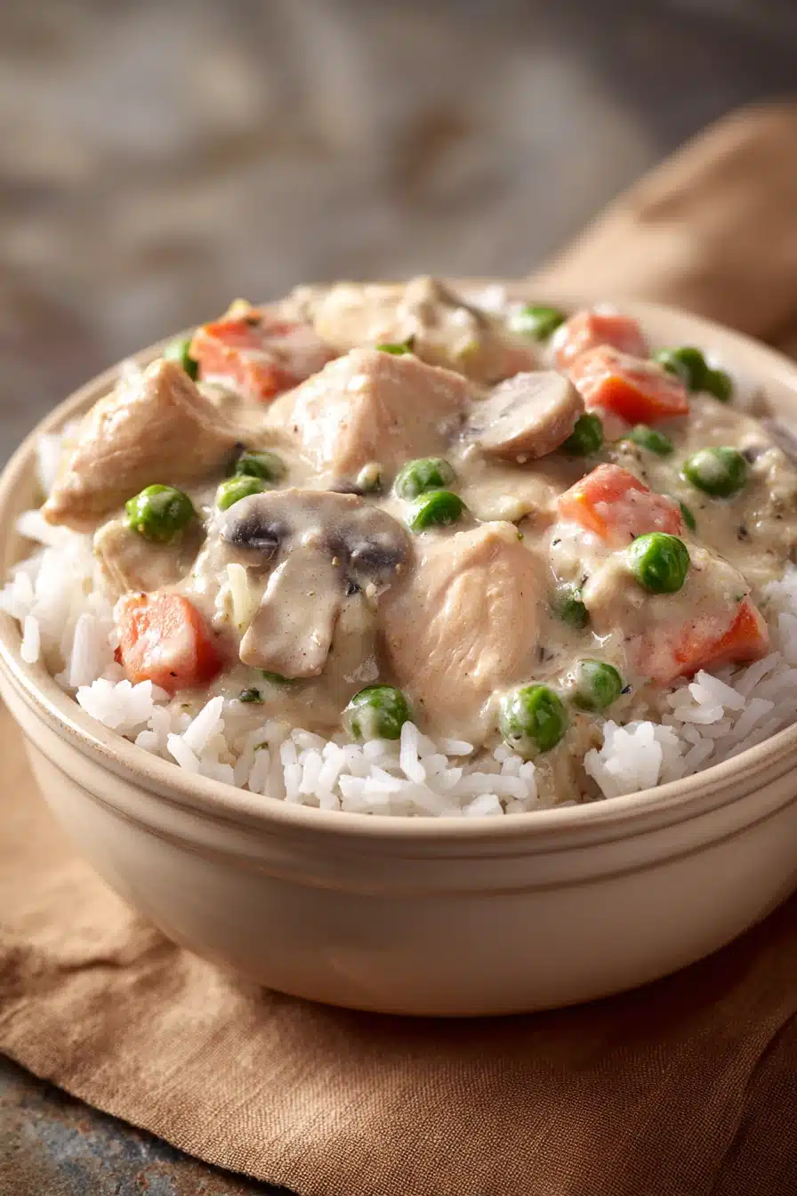 Close-up of a creamy chicken casserole with golden crust and herbs