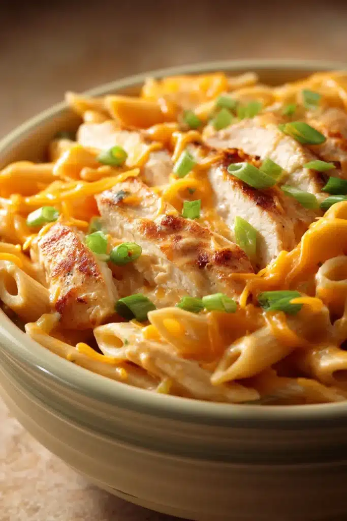 Close-up of creamy chicken enchilada pasta with a rich sauce and garnished with herbs.