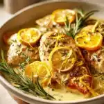 Close-up of creamy citrus chicken with rosemary, garnished with herbs on a white plate.