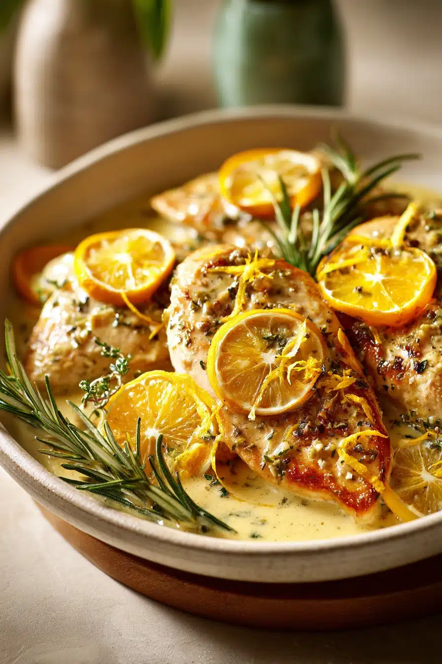 Close-up of creamy citrus chicken with rosemary, garnished with herbs on a white plate.