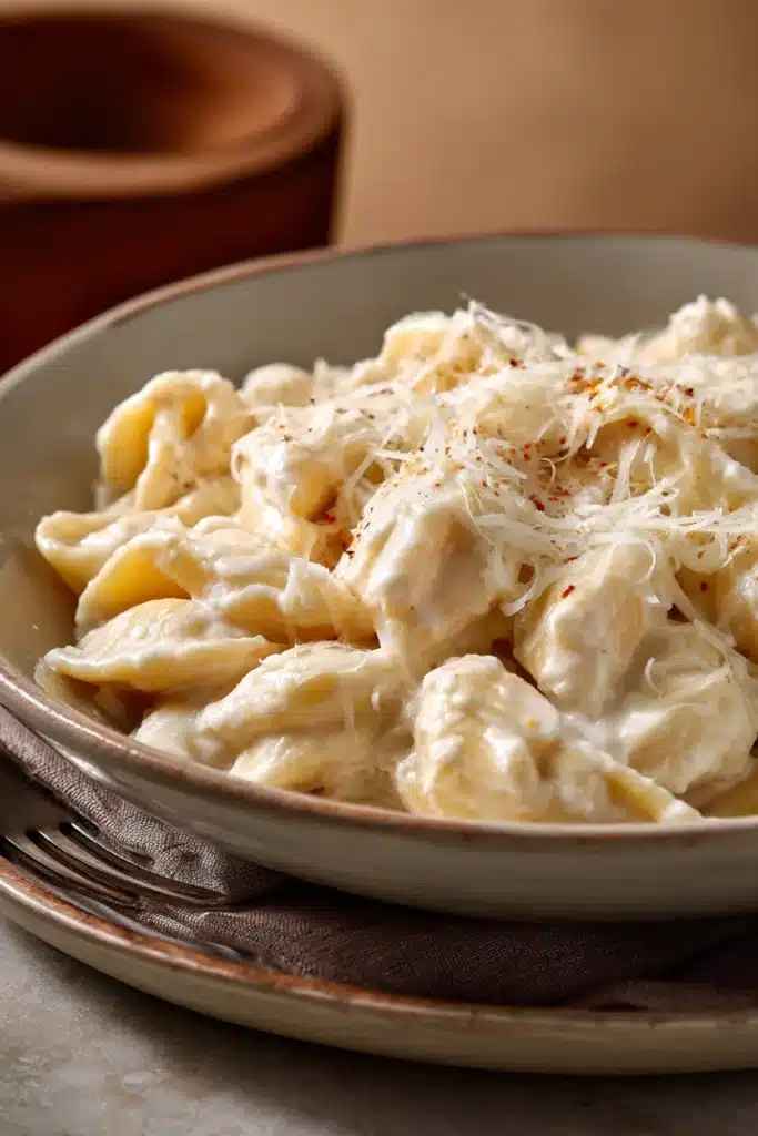 Close-up of creamy cottage cheese pasta with a clean background