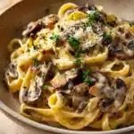Close-up of creamy mushroom pasta with a sprinkle of herbs on a clean plate.