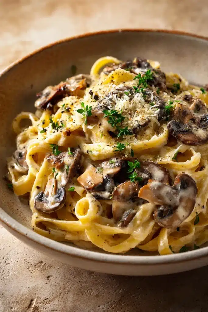 Close-up of creamy mushroom pasta with a sprinkle of herbs on a clean plate.