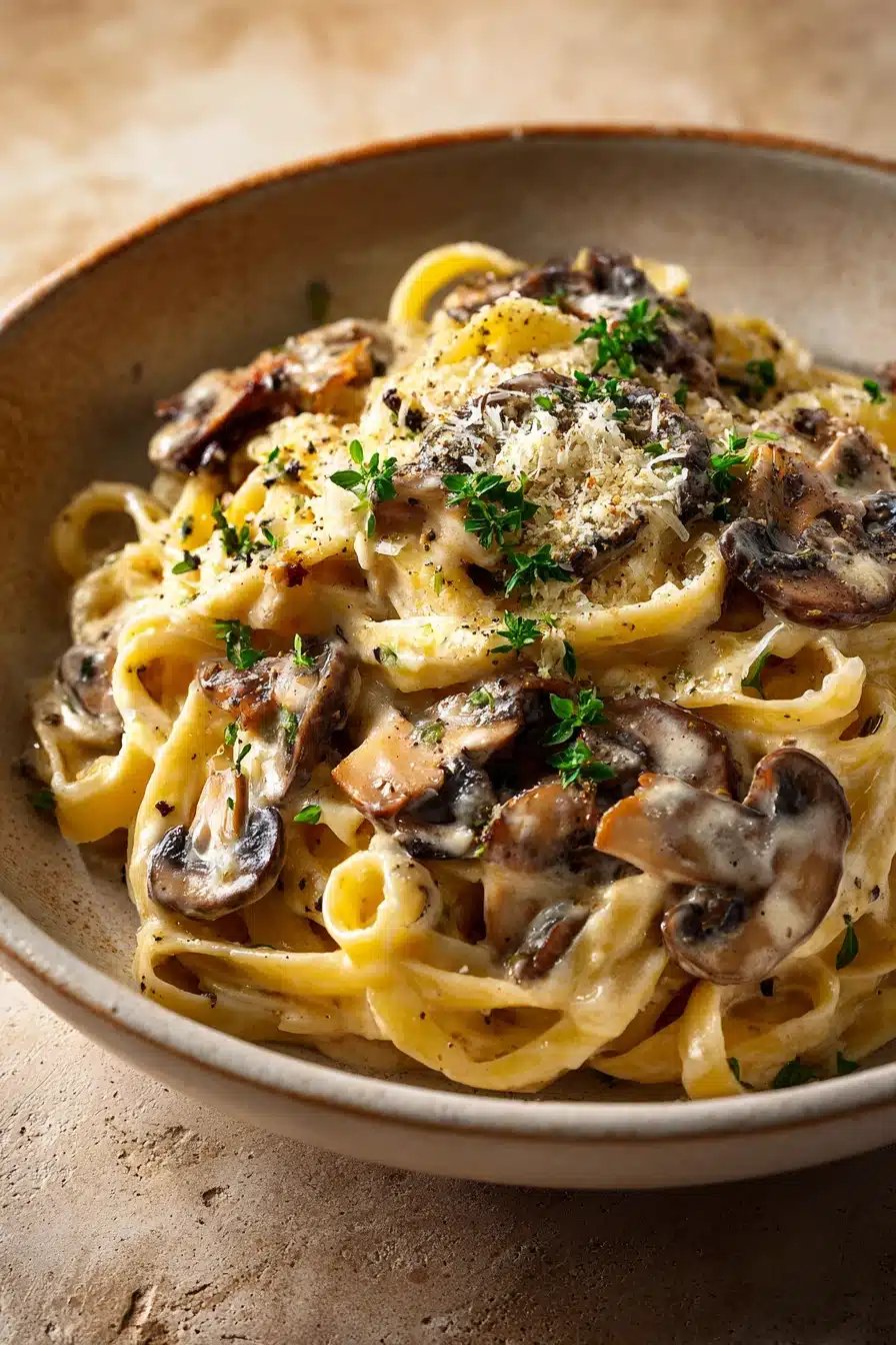 Close-up of creamy mushroom pasta with a sprinkle of herbs on a clean plate.