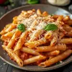 Close-up of creamy one pot pasta with sauce in a white bowl