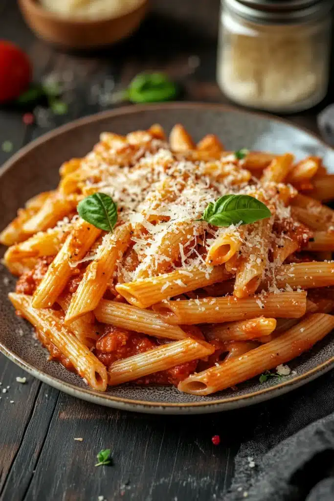 Close-up of creamy one pot pasta with sauce in a white bowl