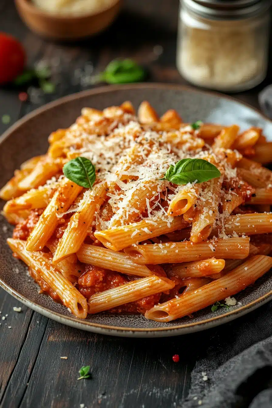 Close-up of creamy one pot pasta with sauce in a white bowl