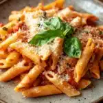 Close-up of creamy one pot pasta with jar sauce in a bright setting