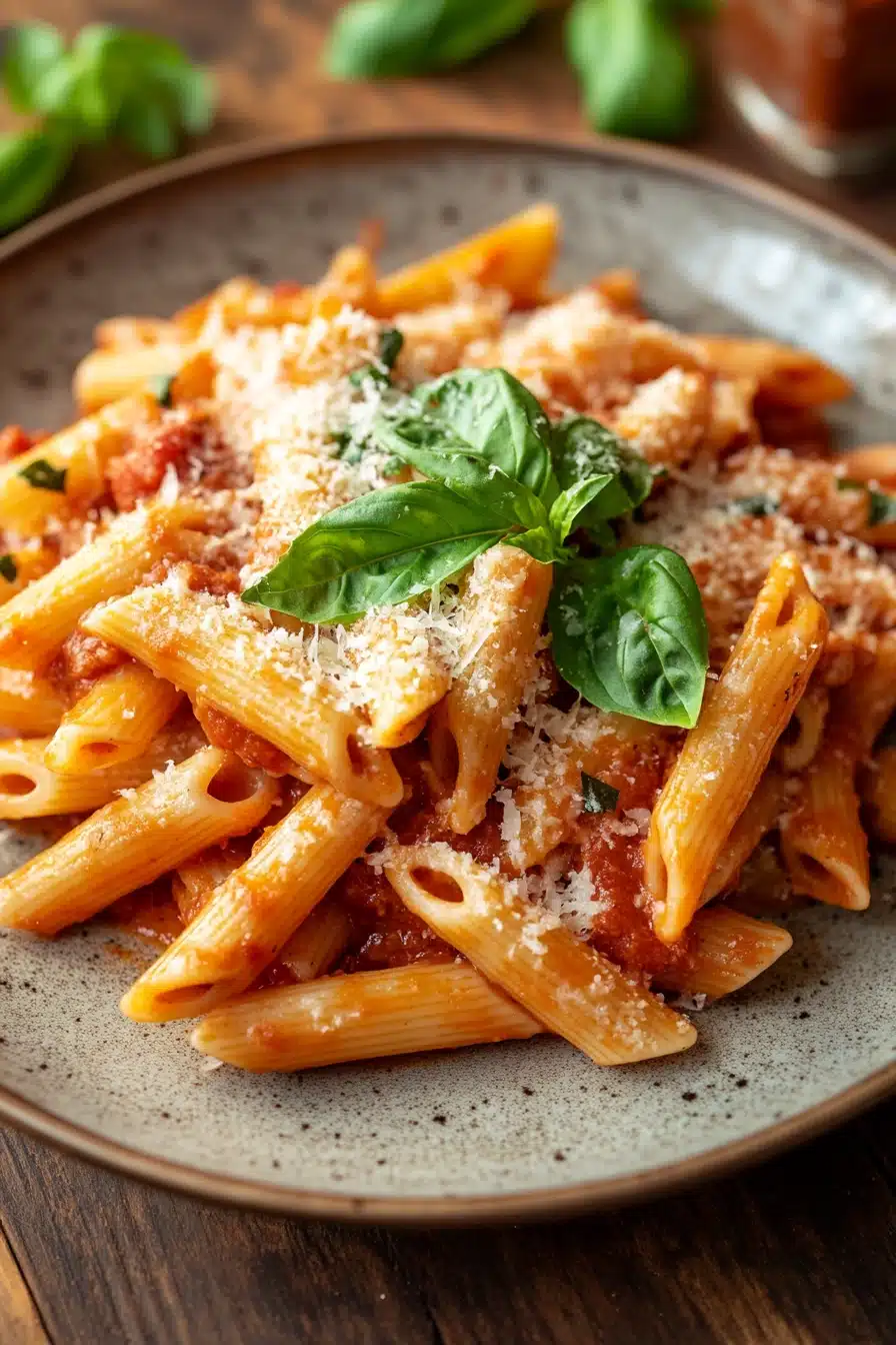 Close-up of creamy one pot pasta with jar sauce in a bright setting