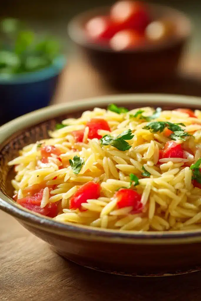 Close-up of creamy one pot pasta orzo with herbs and cheese in a white bowl